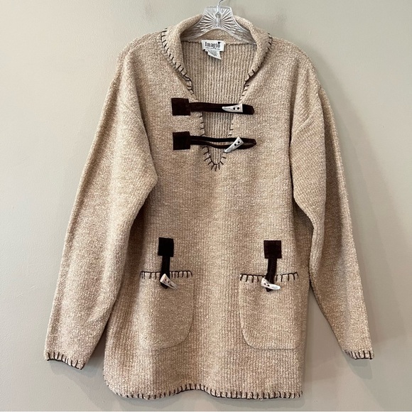 Vintage Sweaters - OOAK VTG Turkish Sweater Tan Toggle Horn Bone Buttons Brown Faux Suede Straps